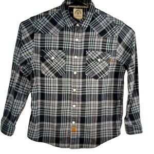 Dubinik Flannel Button Up Shirt Size L Pearl Snap Western Flap Pocket Blue Black